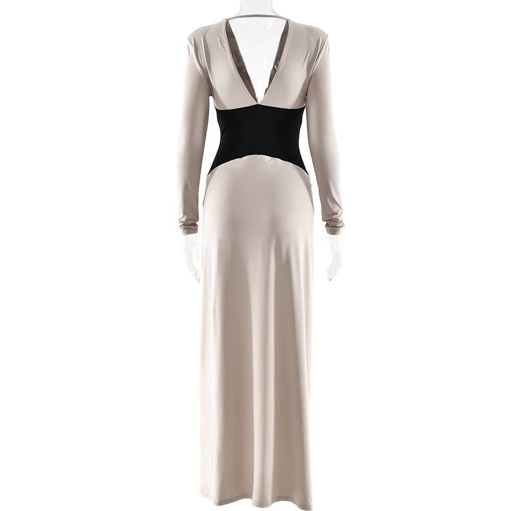 שמלת מקסי מחוך בעיצוב שסע וקיפולים מחשוף V גב פתוח - TANIR