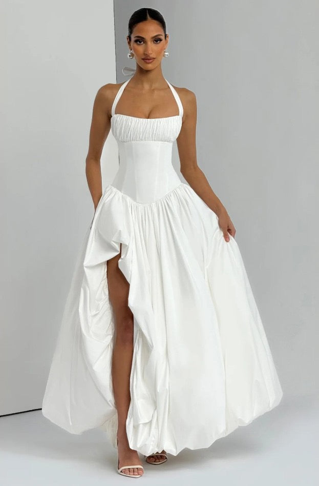 שמלת מקסי בלון בעיצוב שסע קשירה בעורף - ביאנקה