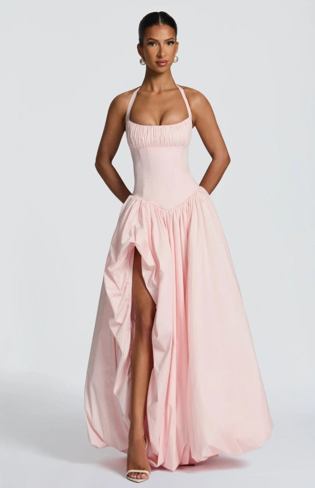 שמלת מקסי בלון בעיצוב שסע קשירה בעורף - ביאנקה