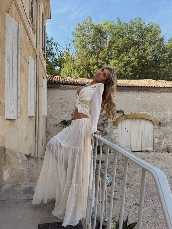 סט שני חלקים חצאית מקסי וחולצה בעיטור תחרה - קאני