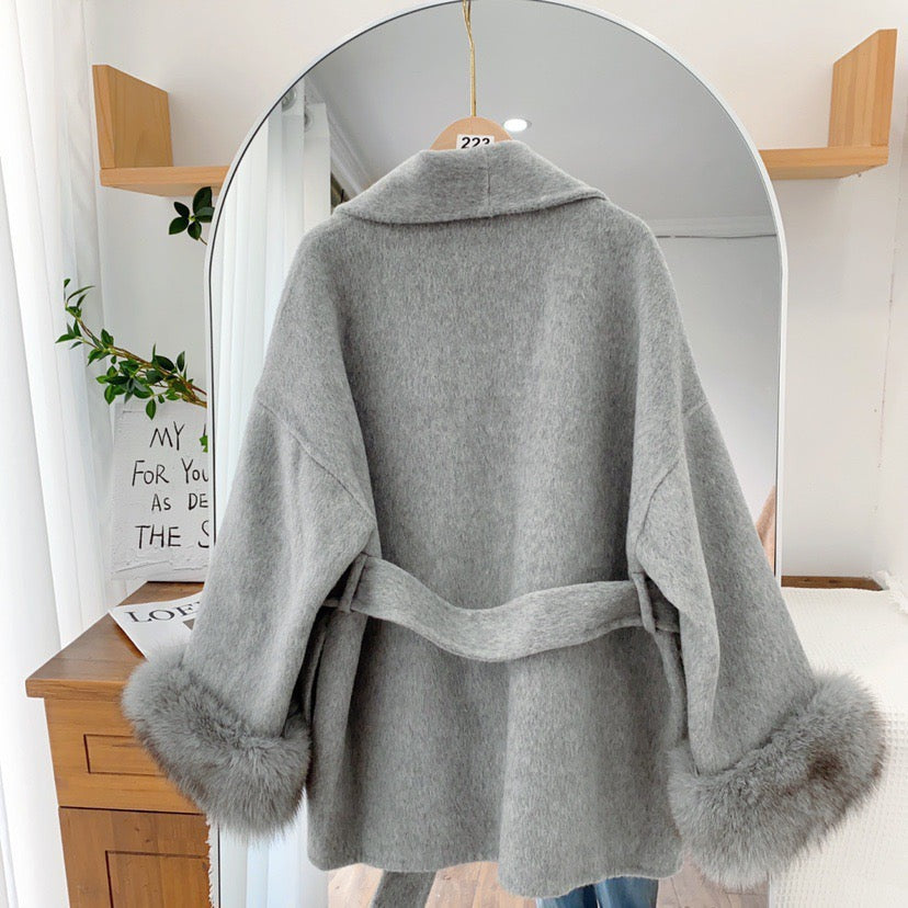 מעיל צמר בעיצוב פרווה סגירת קשירת חגורה - TONNY