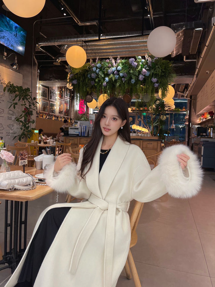 מעיל צמר ארוך בעיצוב פרווה סגירת קשירת חגורה - HARRY