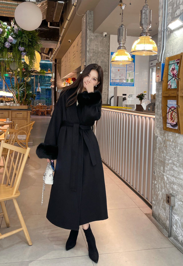 מעיל צמר ארוך בעיצוב פרווה סגירת קשירת חגורה - HARRY