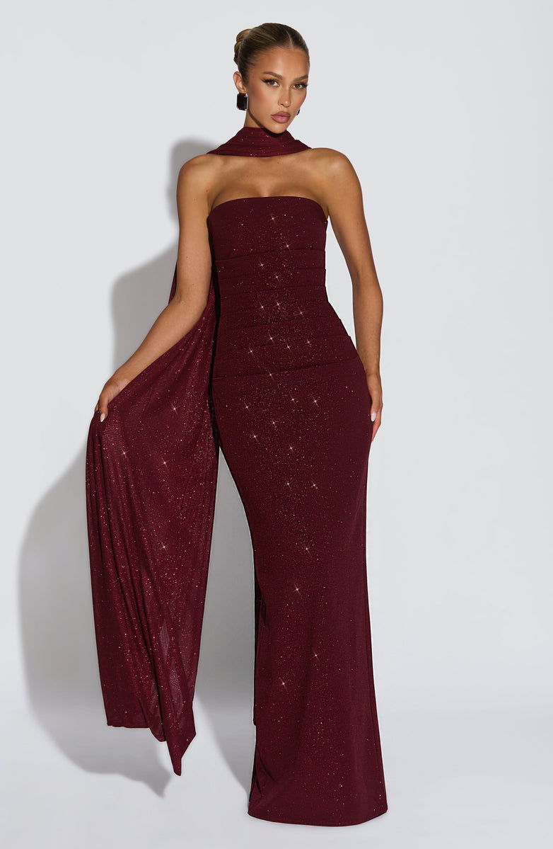 שמלת מקסי סטרפלס נצנצים  בעיטור צעיף תואם - מיאמור
