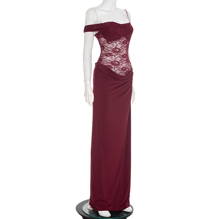 שמלת מקסי בעיצוב בגד גוף תחרה כתפיה נופלת - מרי