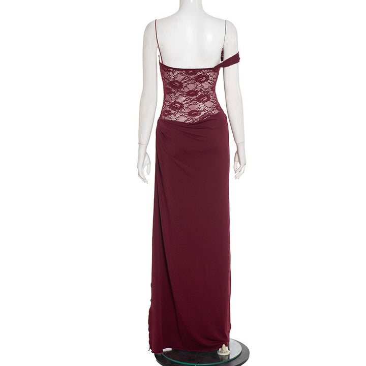 שמלת מקסי בעיצוב בגד גוף תחרה כתפיה נופלת - מרי