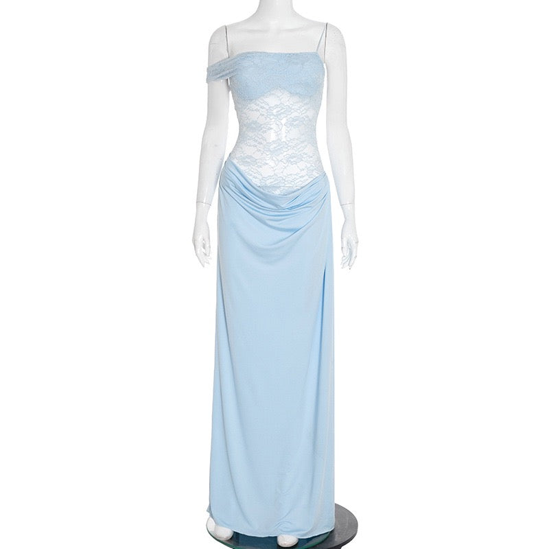 שמלת מקסי בעיצוב בגד גוף תחרה כתפיה נופלת - מרי