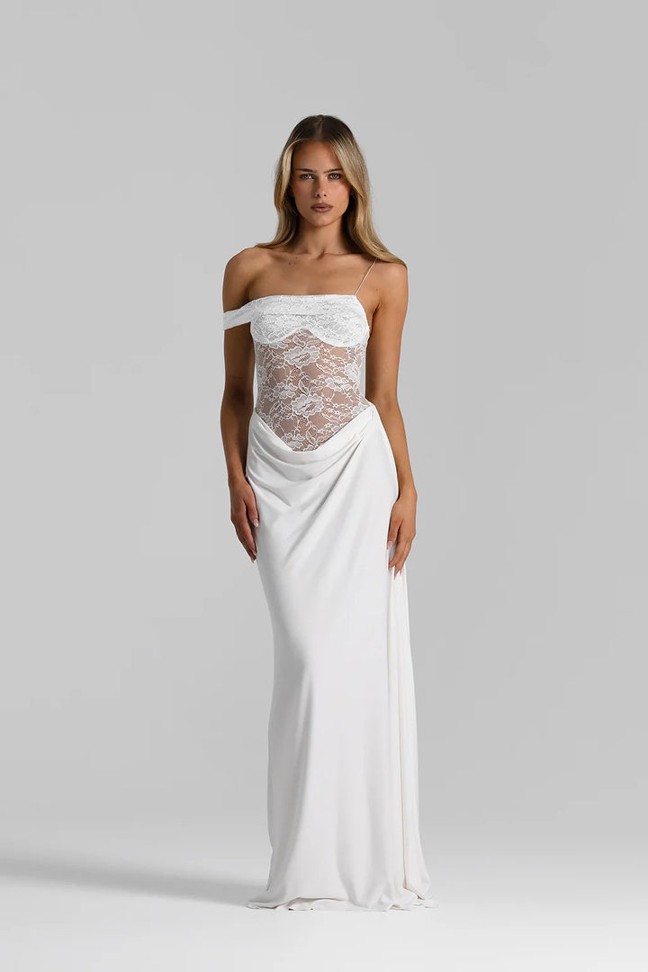 שמלת מקסי בעיצוב בגד גוף תחרה כתפיה נופלת - מרי