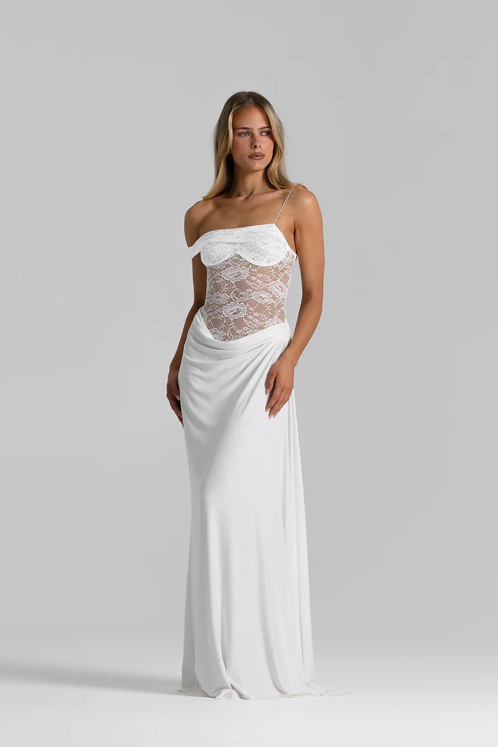 שמלת מקסי בעיצוב בגד גוף תחרה כתפיה נופלת - מרי