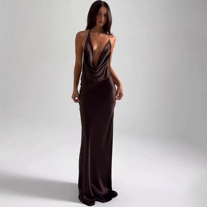 שמלת מקסי סאטן גב פתוח צווארון נופל - איירה
