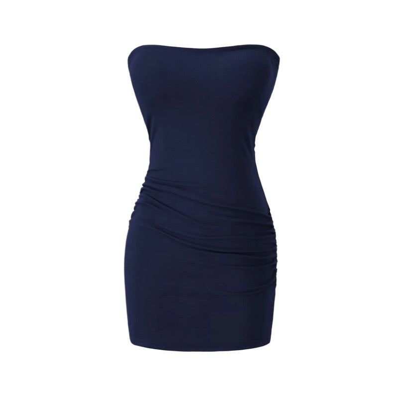 שמלת מיני סטרפלס כיווצים צמודה בד מחטב - ביילי