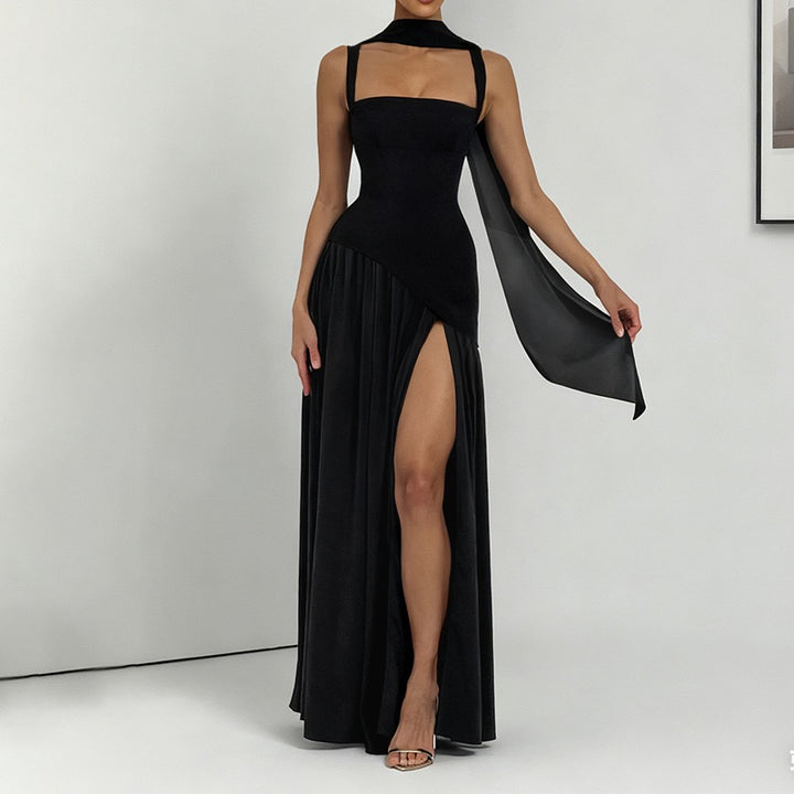 שמלת מקסי אלגנטית בעיצוב שסע בעיטור צעיף - פאר