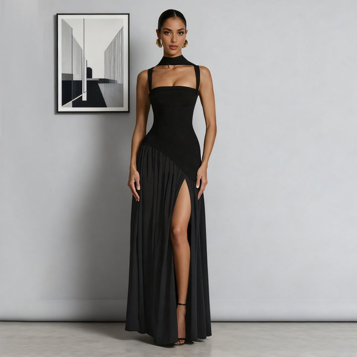 שמלת מקסי אלגנטית בעיצוב שסע בעיטור צעיף - פאר