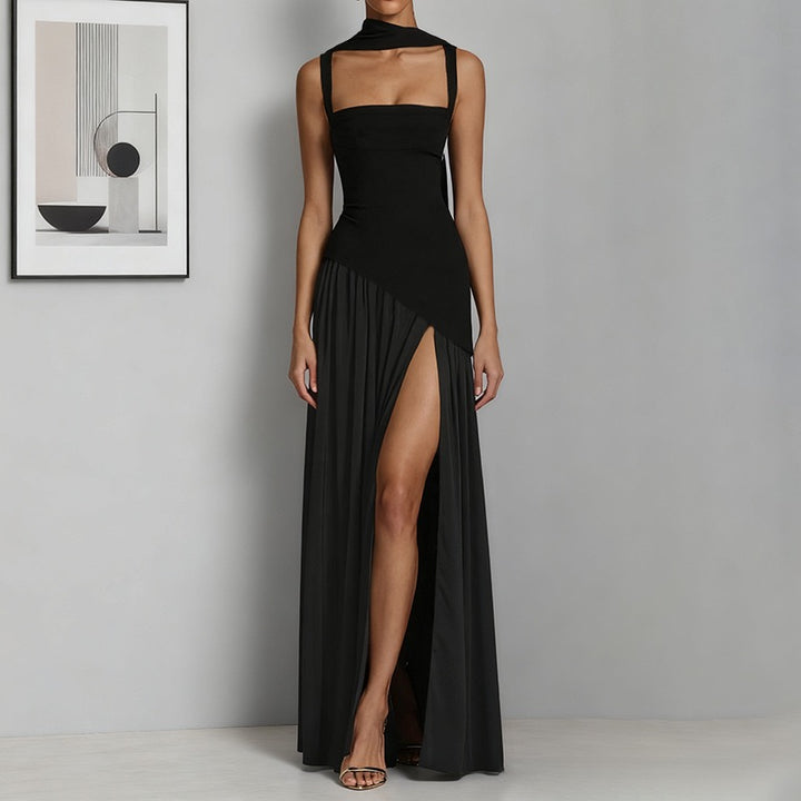 שמלת מקסי אלגנטית בעיצוב שסע בעיטור צעיף - פאר