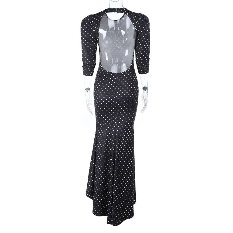 שמלת מקסי סאטן נקודות בעיצוב גב פתוח - ואלן