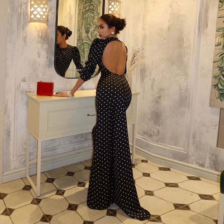 שמלת מקסי סאטן נקודות בעיצוב גב פתוח - ואלן