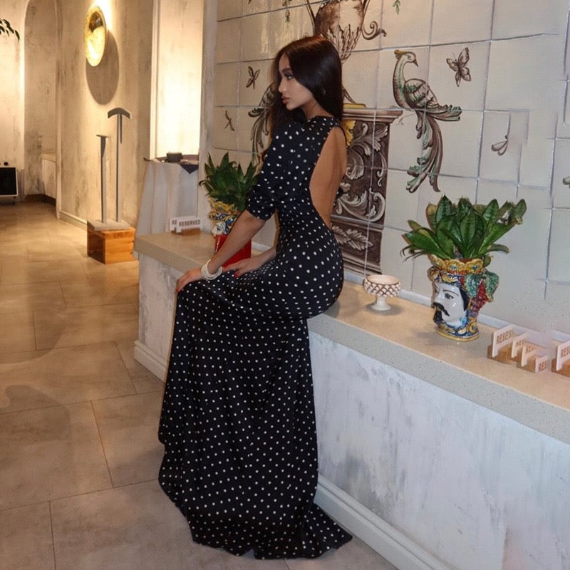 שמלת מקסי סאטן נקודות בעיצוב גב פתוח - ואלן