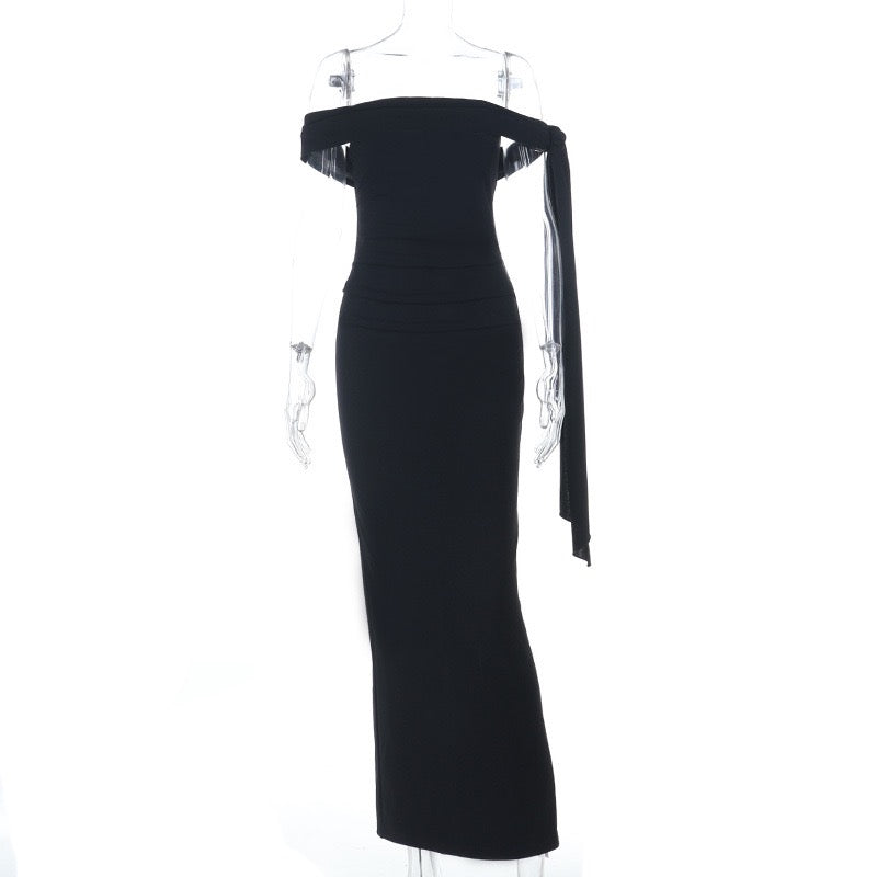 שמלת מקסי אלגנטית כתפיים חשופות בעיטור שובלים  - קורן