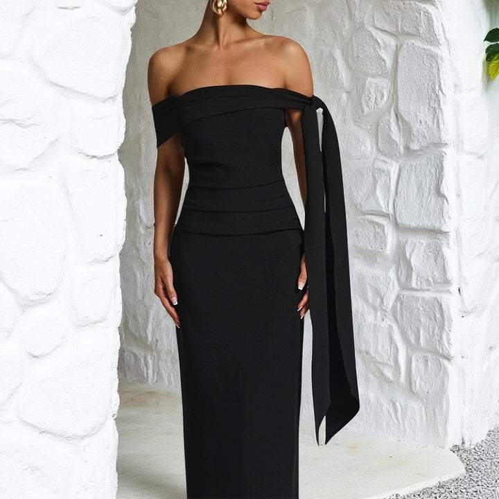 שמלת מקסי אלגנטית כתפיים חשופות בעיטור שובלים  - קורן