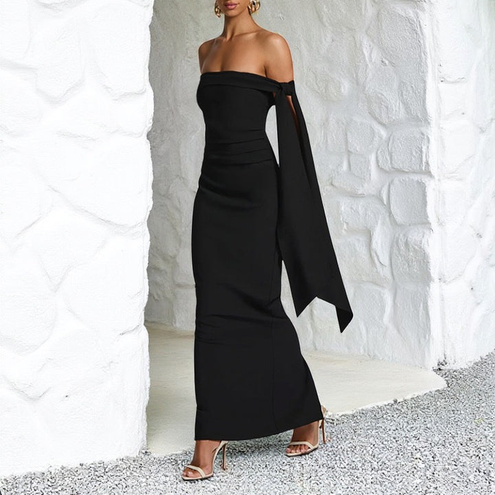 שמלת מקסי אלגנטית כתפיים חשופות בעיטור שובלים  - קורן