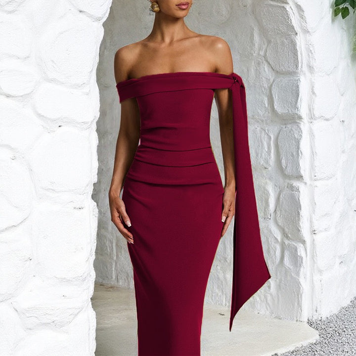 שמלת מקסי אלגנטית כתפיים חשופות בעיטור שובלים  - קורן