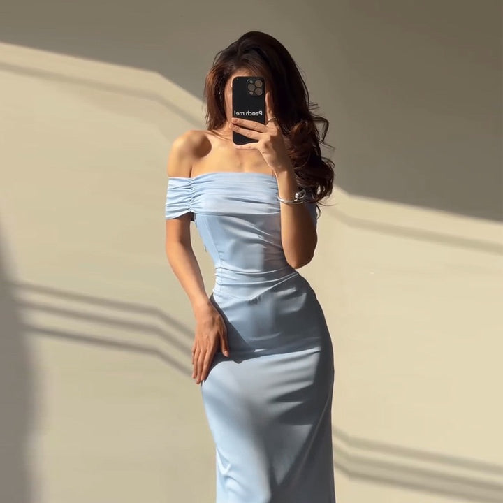 שמלת מקסי סאטן בעיצוב כתפיים חשופות - Hirus