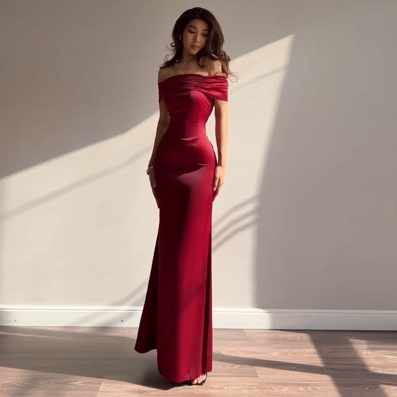 שמלת מקסי סאטן בעיצוב כתפיים חשופות - Hirus