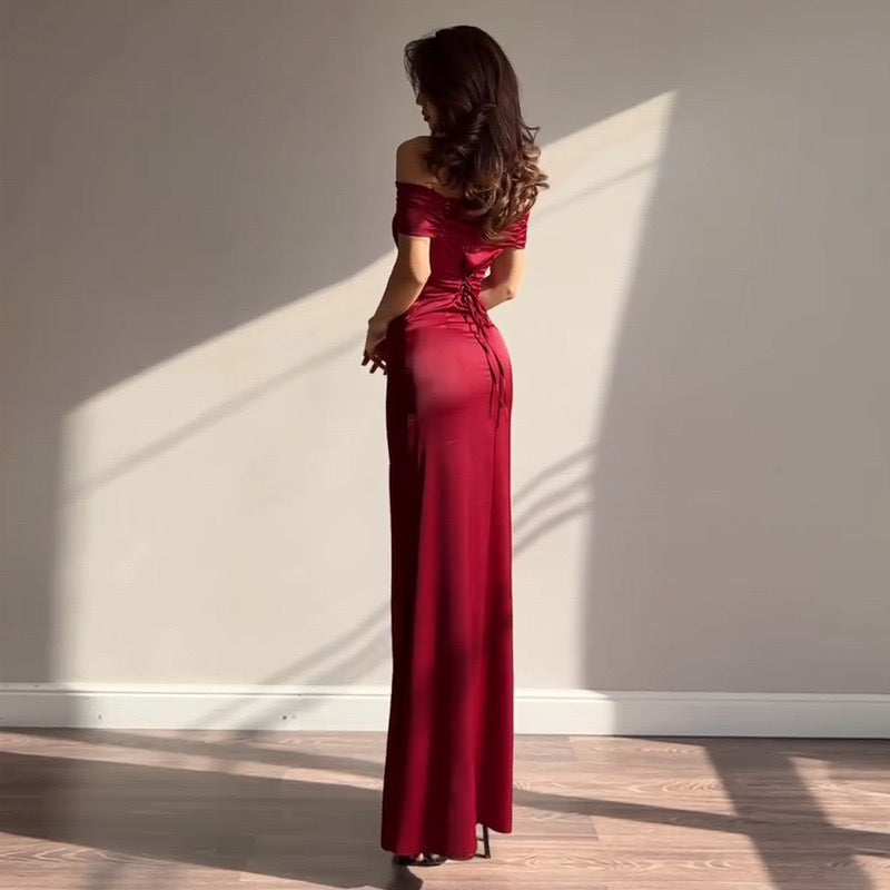 שמלת מקסי סאטן בעיצוב כתפיים חשופות - Hirus