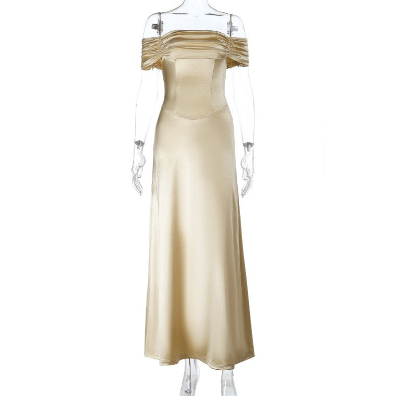 שמלת מקסי סאטן בעיצוב כתפיים חשופות - Hirus