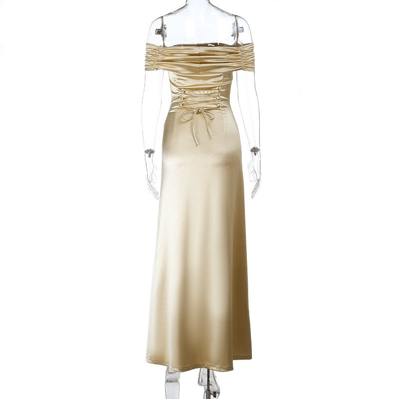 שמלת מקסי סאטן בעיצוב כתפיים חשופות - Hirus