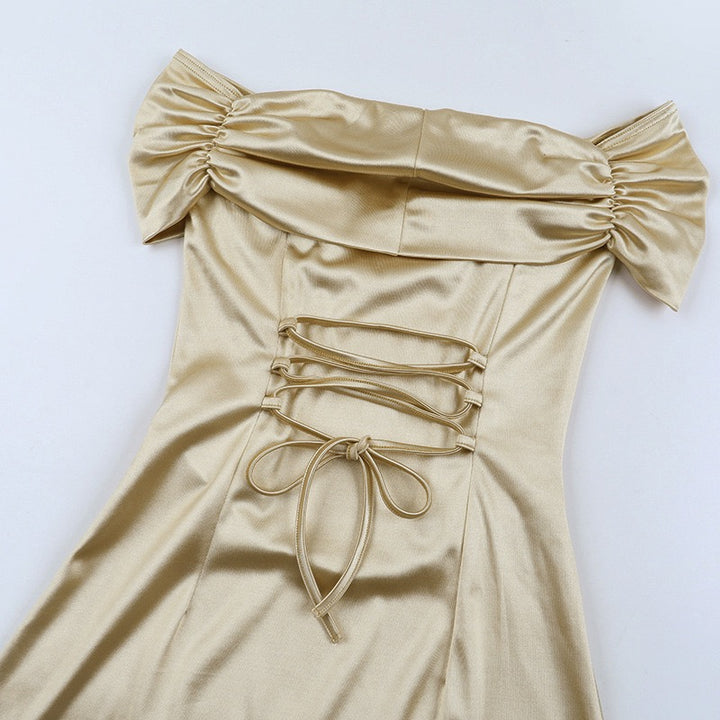 שמלת מקסי סאטן בעיצוב כתפיים חשופות - Hirus