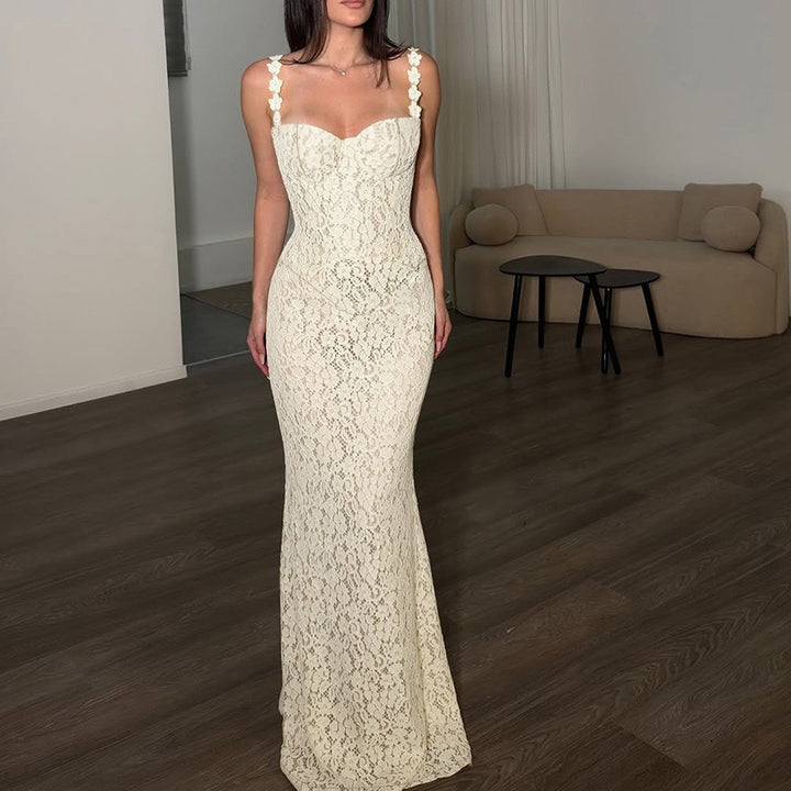 שמלת מקסי תחרה בעיצוב כתפיות פרחים - נורית