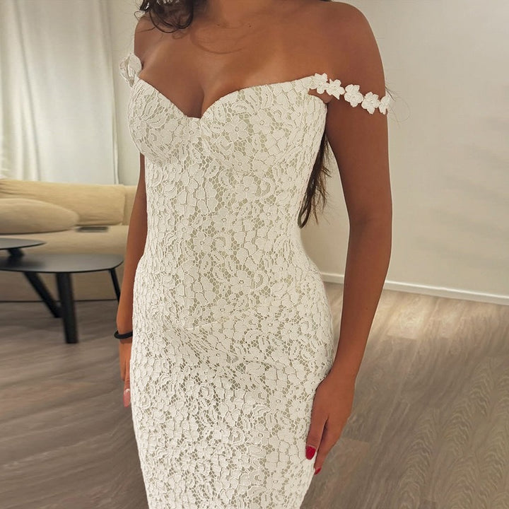 שמלת מקסי תחרה בעיצוב כתפיות פרחים - נורית