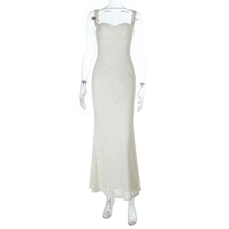 שמלת מקסי תחרה בעיצוב כתפיות פרחים - נורית