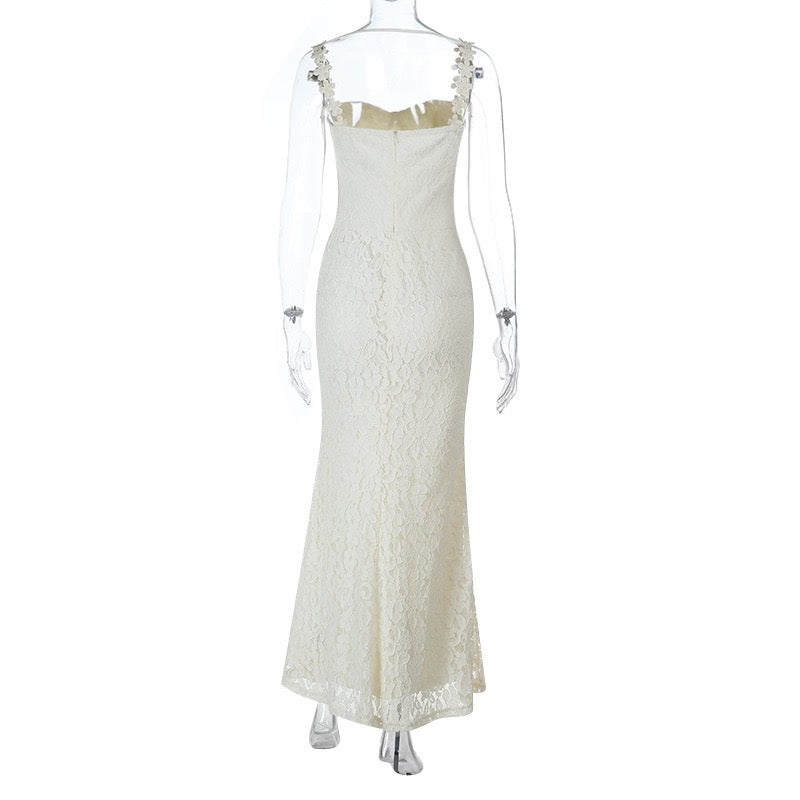 שמלת מקסי תחרה בעיצוב כתפיות פרחים - נורית