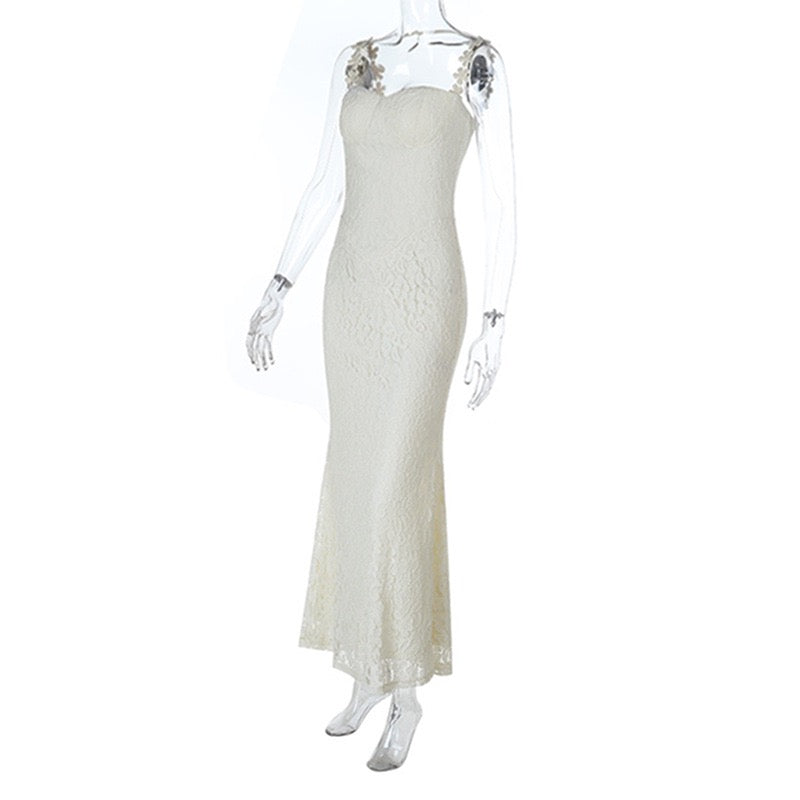 שמלת מקסי תחרה בעיצוב כתפיות פרחים - נורית