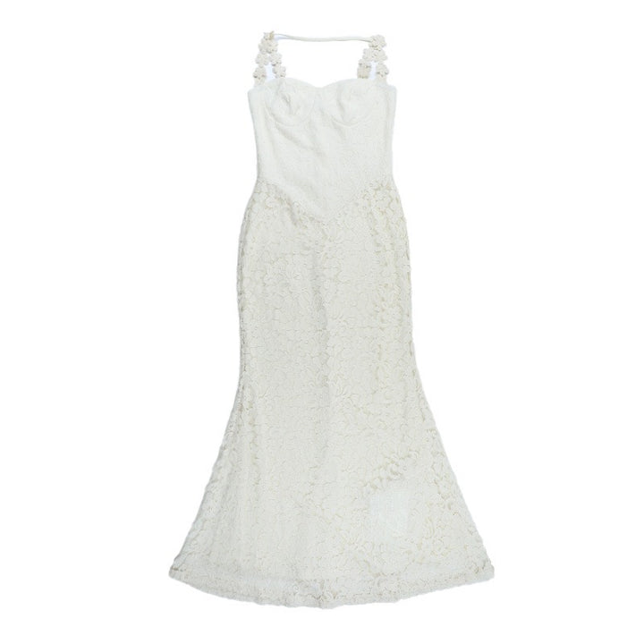 שמלת מקסי תחרה בעיצוב כתפיות פרחים - נורית