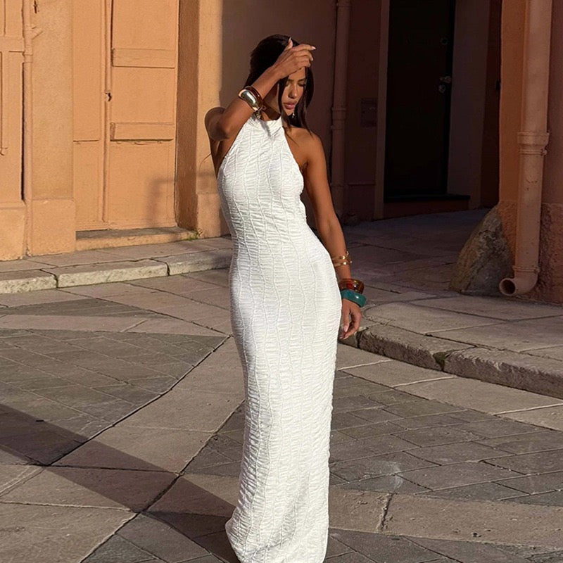 שמלת מקסי קולר בעיצוב כיווצים קשירה בעורף גב פתוח - לין