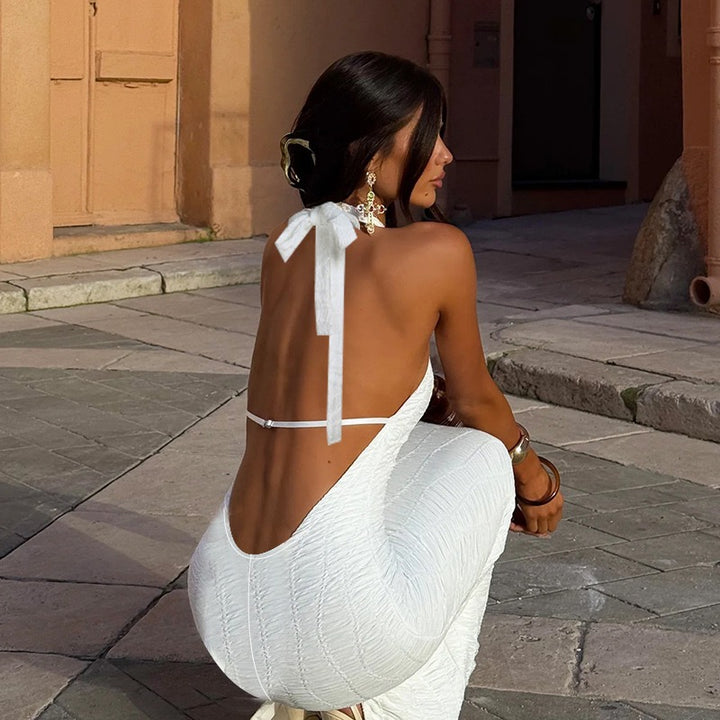 שמלת מקסי קולר בעיצוב כיווצים קשירה בעורף גב פתוח - לין