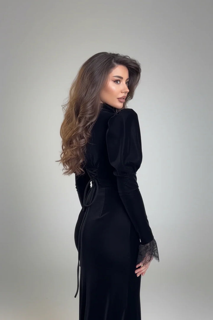 שמלת מקסי קטיפה בעיטור תחרה - ILIN