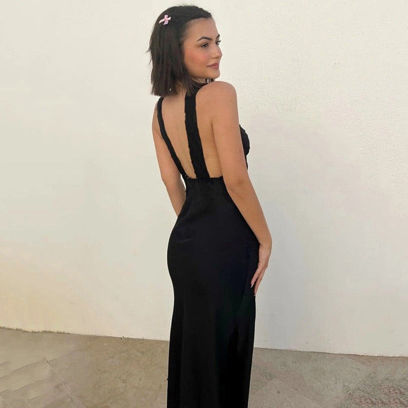 שמלת מקסי סאטן בעיטור תחרה - מלינה
