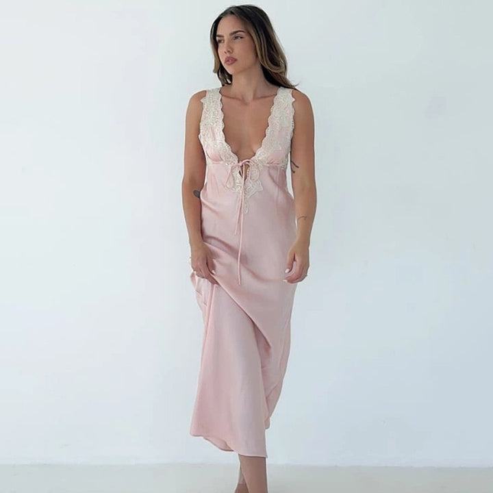 שמלת מקסי סאטן בעיטור תחרה - מלינה