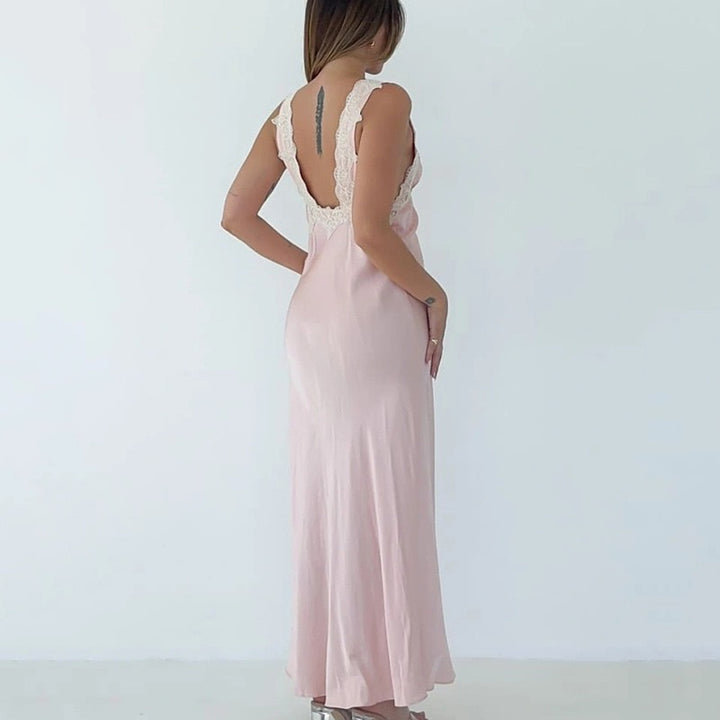 שמלת מקסי סאטן בעיטור תחרה - מלינה