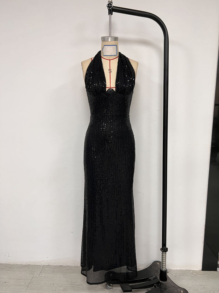 שמלת מקסי פייטים צמודה מחשוף עמוק - גרין