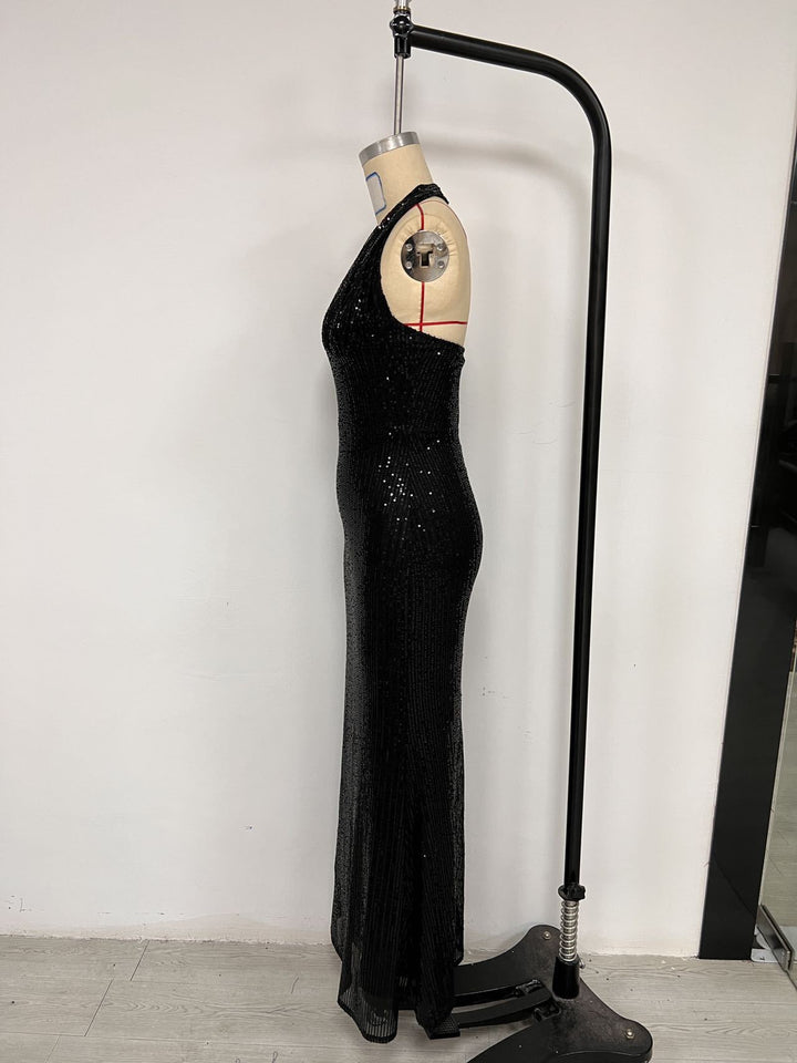 שמלת מקסי פייטים צמודה מחשוף עמוק - גרין