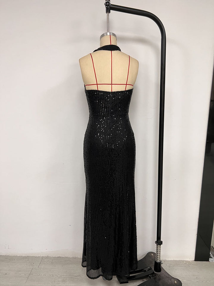 שמלת מקסי פייטים צמודה מחשוף עמוק - גרין