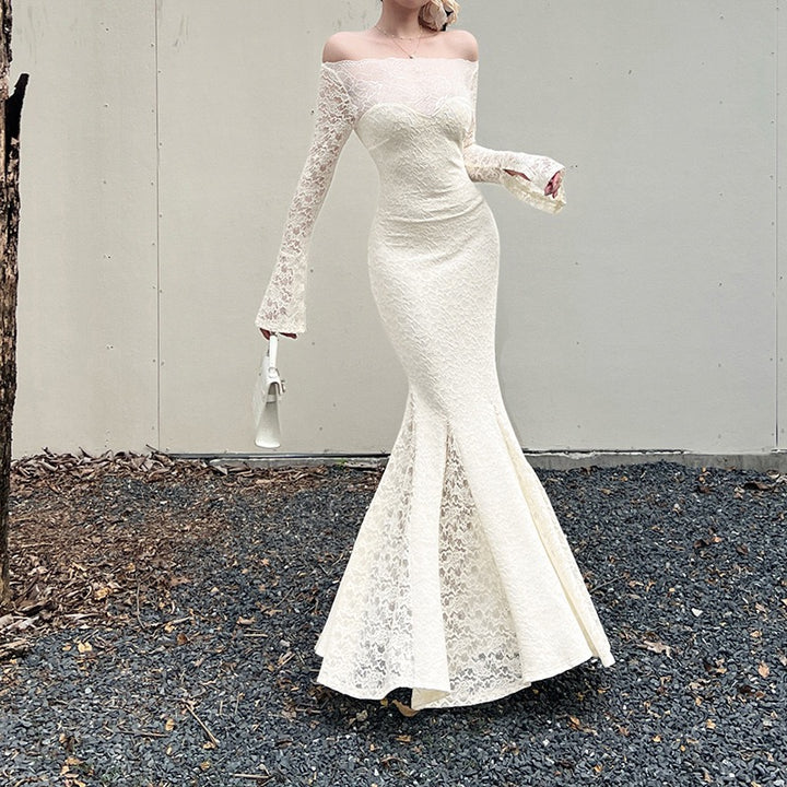 שמלת מקסי תחרה כתפיים חשופות בגזרת בת הים  - מיאל