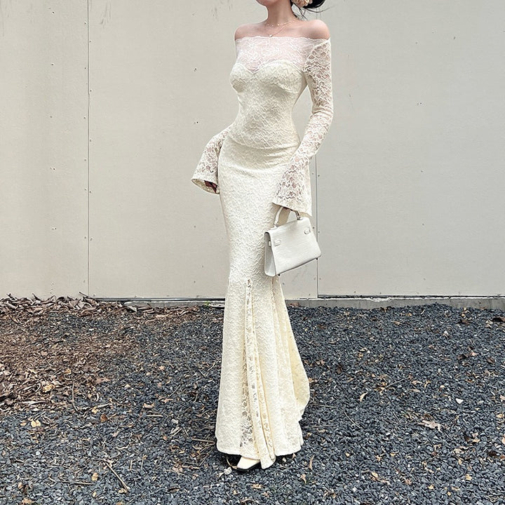 שמלת מקסי תחרה כתפיים חשופות בגזרת בת הים  - מיאל