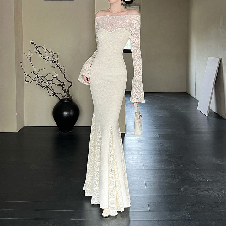 שמלת מקסי תחרה כתפיים חשופות בגזרת בת הים  - מיאל