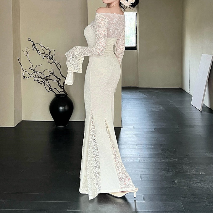 שמלת מקסי תחרה כתפיים חשופות בגזרת בת הים  - מיאל